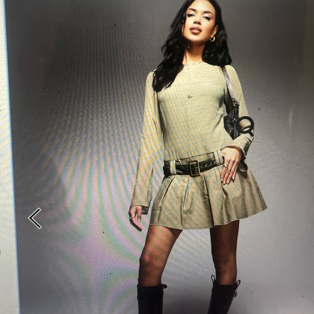 Stylish Khaki Sheer Sleeve Dress with Belt